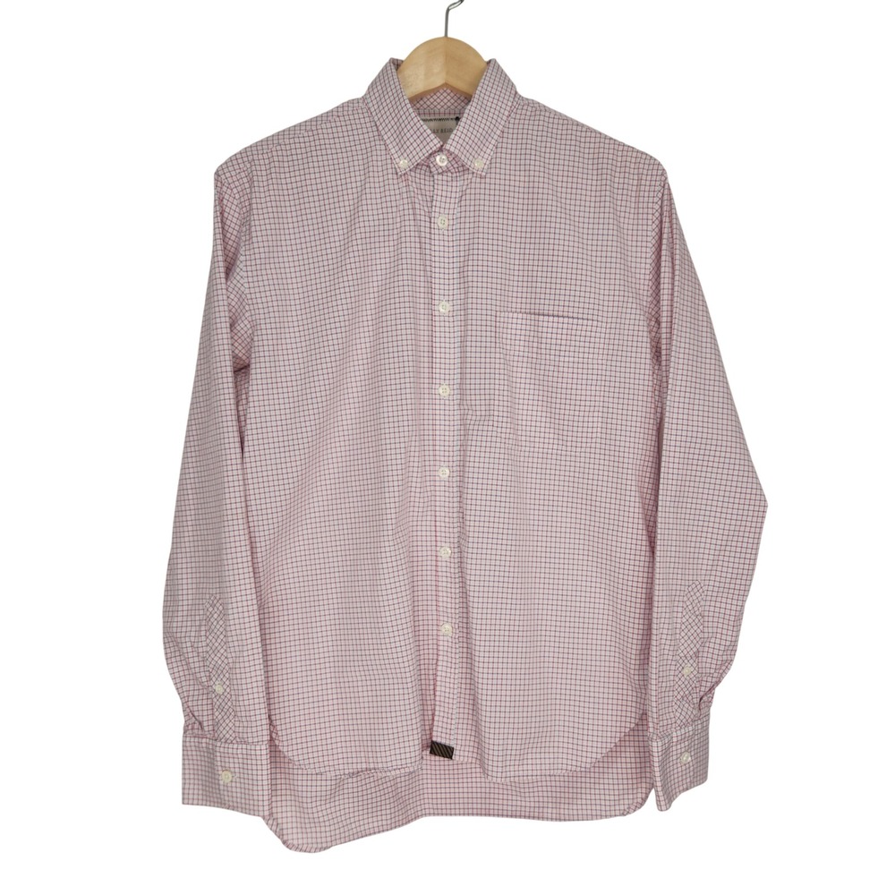 Billy Reid Mens Slim Cut Button Down Shirt Red Blue Micro Check Medium
